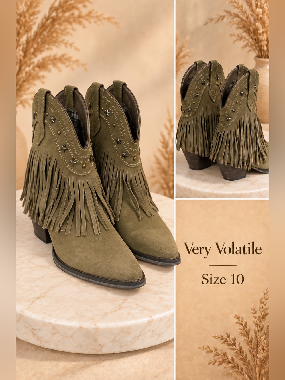Volatile Olive Suede Fringed Western Ankle Boots